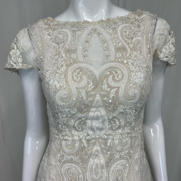 Melissa Sweet 8 Lace Embroidered Ivory Illusion Sequin Train Wedding Gown Dress - Picture 5 of 15